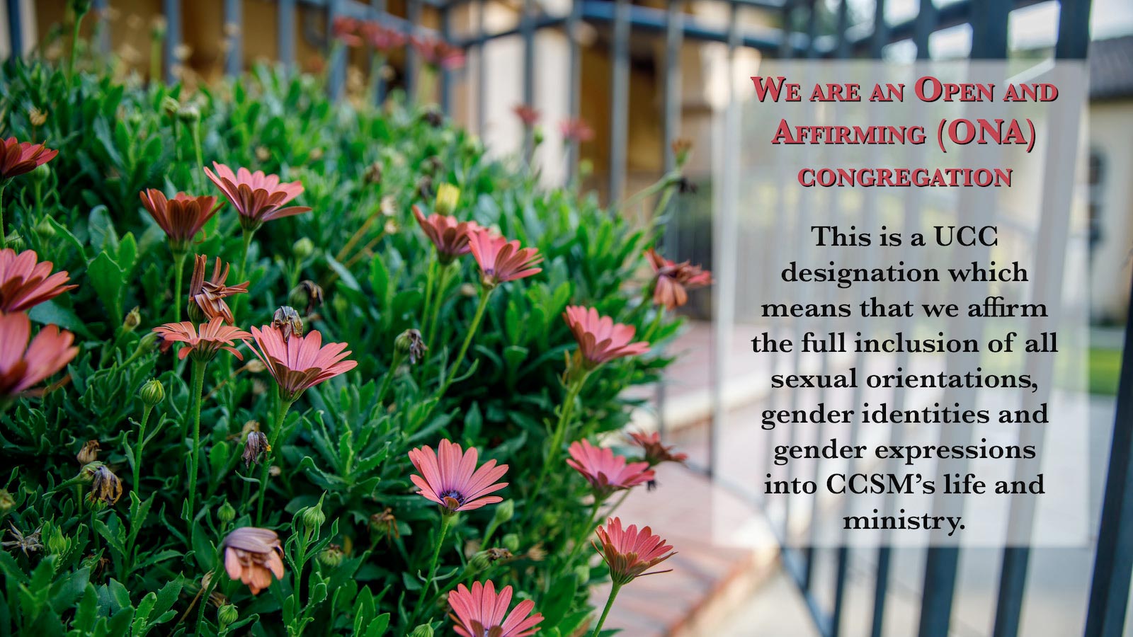 We are an open and affirming (ONA) congregation. This is a UCC designation which means that we affirm the full inclusion of all sexual orientations, gender identities and gender expressions into CCSM's life and ministry.