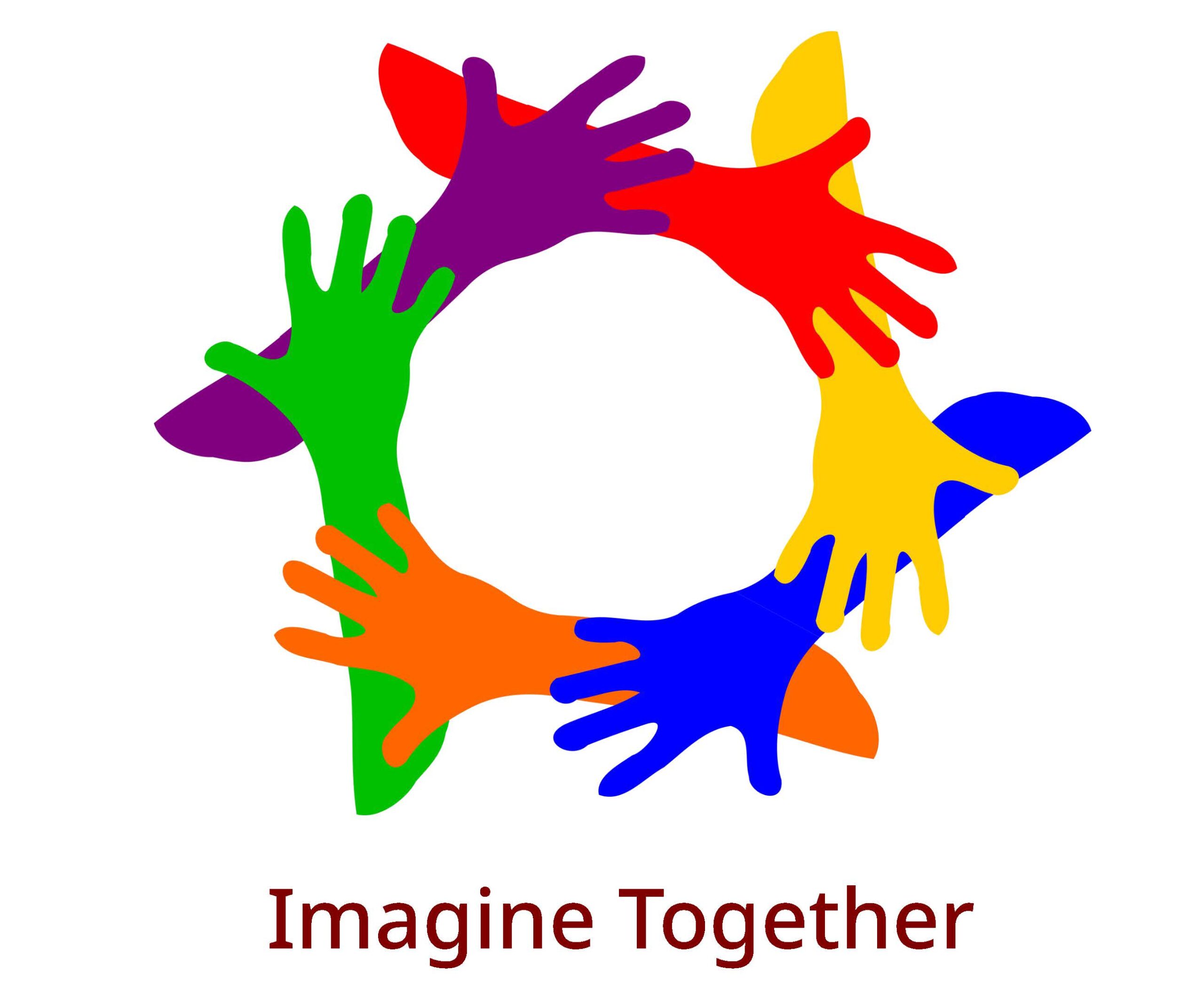 Image of hands in rainbow colors "Imagine Together"